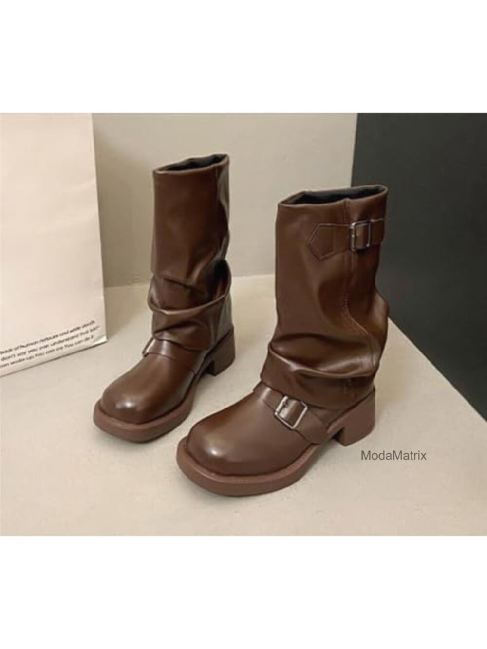 Western Vintage High Heeled Stacked Pleated Mid Calf Winter Boots